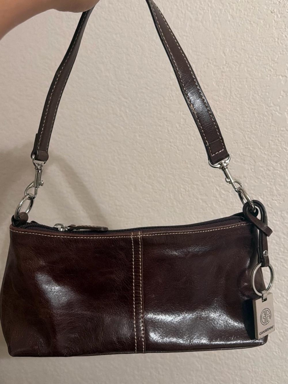Giani Bernini Rich Brown Leather Shoulder Bag with Silver Hardware